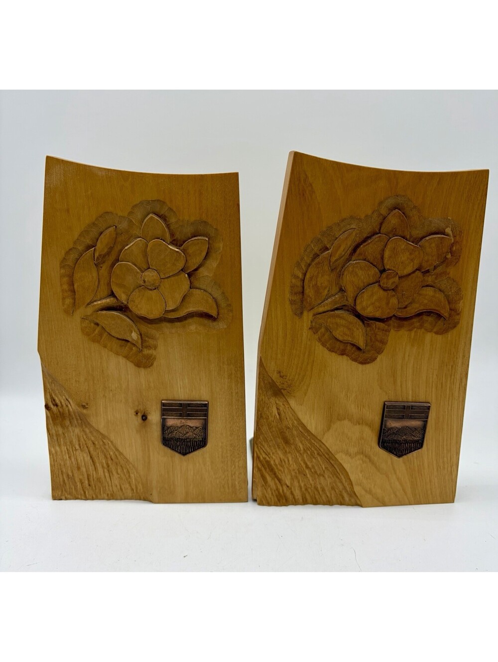 Vintage Alberta Wild Rose Hand Carved Wooden Bookends Rustic Canadian Wood Decor